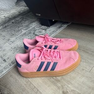 adidas Pink Suede Platform Sneakers with Navy Stripes and Gum Sole